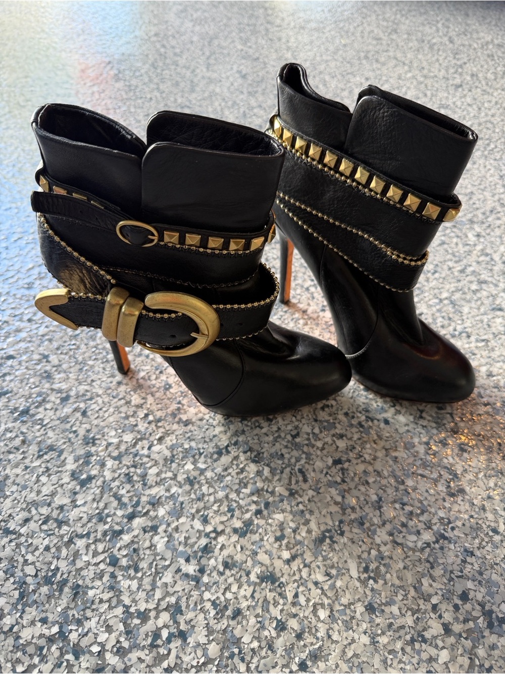 Dolce Vita Black High-Heel Ankle Boots with Gold Stud & Buckle Detail